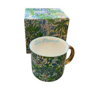 Lilly Pulitzer Let's Flamingle Mug Blue Green Floral Gold Handle Cup